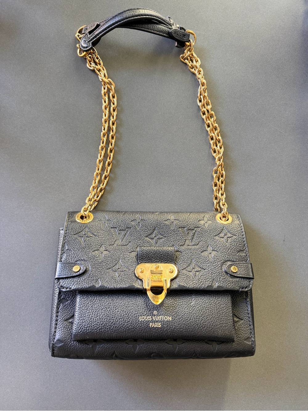 Louis Vuitton Black Monogram Leather Shoulder Bag with Gold Chain